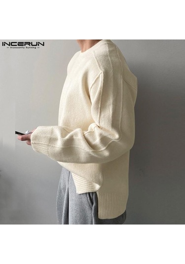 Incerun Erkek Sonbahar Kalın Yünlü Örme Kazaklar Düz Renk Yüksek Alçak Kazaklar Mor