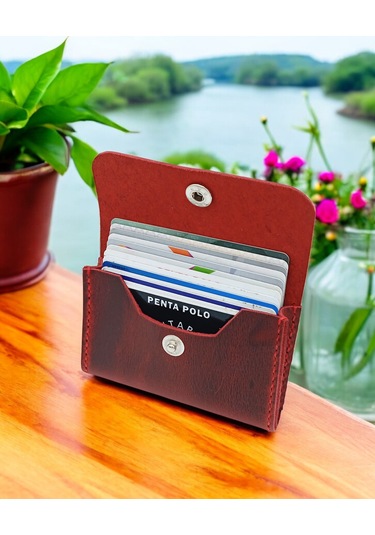 Cronder Hakiki Deri Yan Model Kutu Cüzdan Kartlık Kırmızı