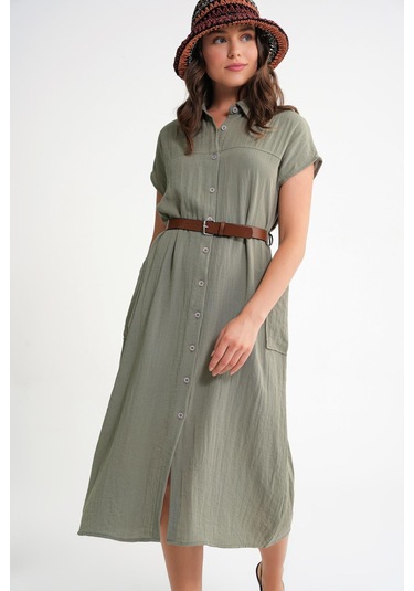 4453 Kadın Keten Cepli Midi Kemerli Elbise Haki Haki