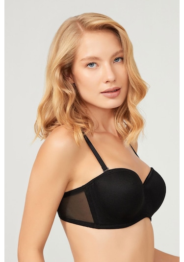 Siyah Balenli Toparlayıcı Dolgusuz Straplez Lotus Sütyen Siyah