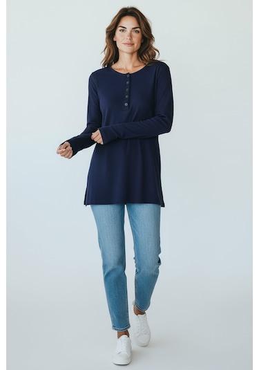 Kadın Yaka Düme Detaylı Mevsimlik Bluz Lacivert