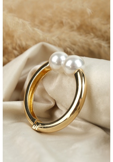 Çildan Womens Silver Özel Tasarım Karşılıklı İnci Detaylı Kelepçe Altın - Gümüş