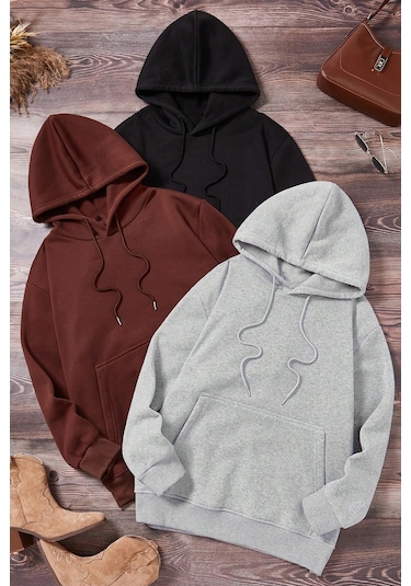 Unisex Düz 3' Lü Baskısız Kapüşonlu Oversize Sweatshirt Siyah