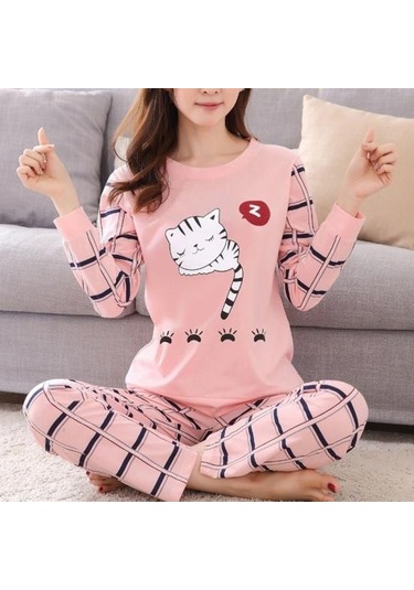 Kadın Pijama Setleri Sonbahar Kış Uzun Kollu Ince Karikatür Baskı Sevimli Gevşek Pijama Takım Elbise Pembe