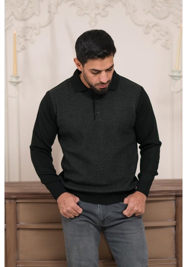 Woolen World Polo Yaka Armürlü Yünlü Erkek Triko Kazak Siyah