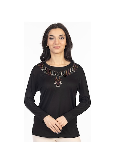 Yeni Model 2024 Nakış İşlemeli Yuvarlak Yaka Likralı Anne Penye Bluz 6450-siyah