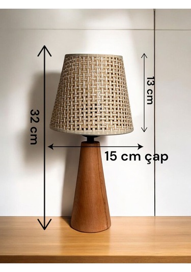 Bohem Ahşap Ayaklı Konik Abajur - Bej Bej