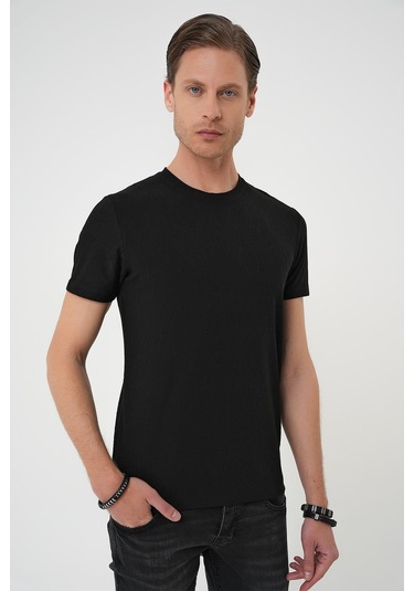 Comfort Fit Bisiklet Yaka Kabartma Desenli Casual Siyah Tişört Ts 899 Siyah