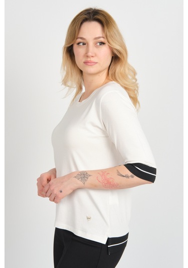 Sistas Kadın Truvakar Kol Önü Kısa Arkası Uzun Çift Renk Kumaşlı Bluz 24031 Ekru Ekru