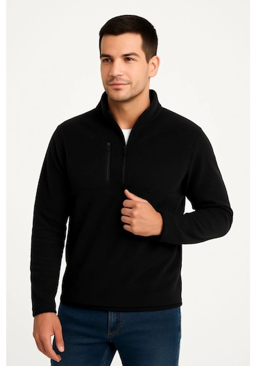 Erkek Polar Kazak Dik Yaka, Yarım Fermuarlı, Fermuarlı Göğüs Cepli, Siyah Biyeli, Kışlık Rahat Regular Fit Günlük Model - Siyah Siyah