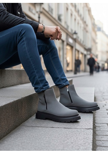 Ba0777 Süet Füme Çift Fermuarlı Erkek Yarım Bilek Bot Füme