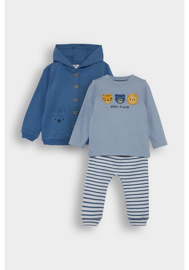 Defacto Erkek Bebek 3lü Takım Kapüşonlu Düğmeli Hırka Baskılı Uzun Kollu Tişört Çizgili Alt F2210a525aube88 Mavi