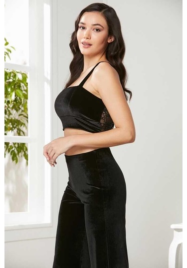 Pierre Cardin 2050 Dantelli Kadife Saten 3'lü Croplu Pijama Takımı 001