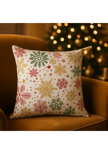 Krem Zeminli Yılbaşı Kırlent Kılıfı Çok Renkli Kar Tanesi Desenli 45 x 45