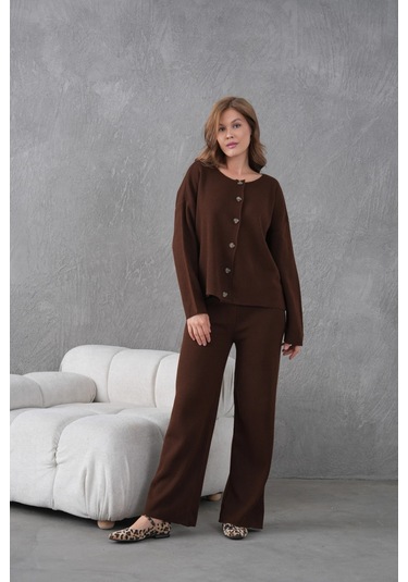 Kadın Bisiklet Yaka Düğme Kapama Kaşkorse Ceket Pantolon İkili Triko Takım Kahve