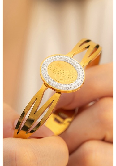 Çelik Altın Kaplama Tuğralı Zirkon Taşlı Model Kadın Bileklik