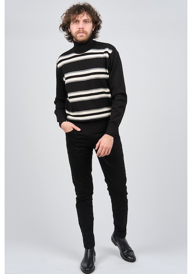 Mısırlı Erkek Tam Balıkçı Çizgili Yün Kazak 3869077 Siyah Siyah