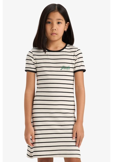 DeFacto Kız Çocuk Bisiklet Yaka Fitilli Kaşkorse Kısa Kollu Çizgili Yazlık Elbise E3830A825SMBK81