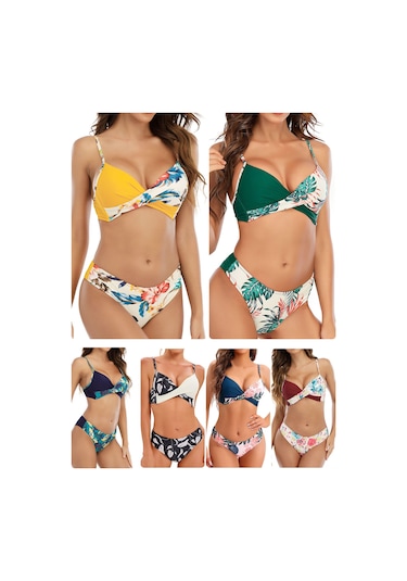 Mufunye Kadın Bikini İki Parça, Baskılı Desen, Ayarlanabilir Askı, Dolgulu Sütyen, Spor Ve Şık Stili, Kırmızı, Asya Beden L 8830 Bordo