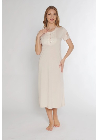 Klasik Dantel Detaylı Kısa Kollu Şık Zarif Gecelik Flz 38-30 Bej