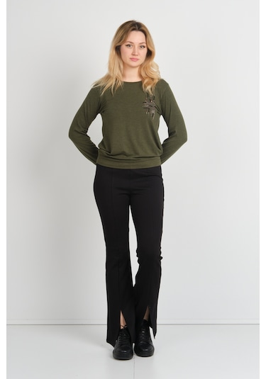 Sistas Kadın Taş Ve Boncuk Süslemeli Uzun Kollu Bluz 24589 Haki Haki