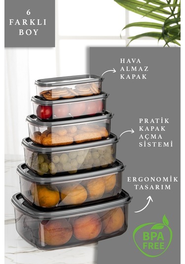 Meleni Home 6 Lı Dikdörtgen Sweet Şeffaf Saklama Kabı Seti - Platin Serisi