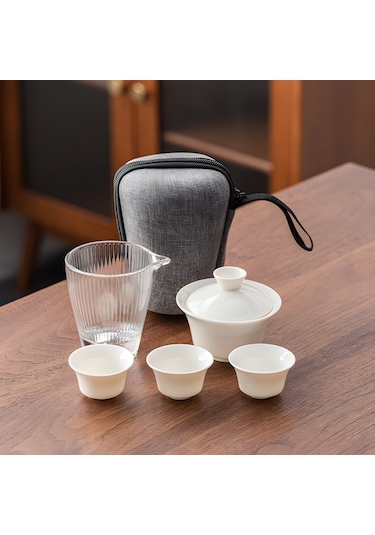 Seramik Seyahat Gaiwan Kungfu Çay Seti, Çin Beyaz Porselen Çay Kase Seti, Mat Ve Demlik İle, Ev İşletmesi Dış Mekan Otel İçin Taşınabilir Beyaz