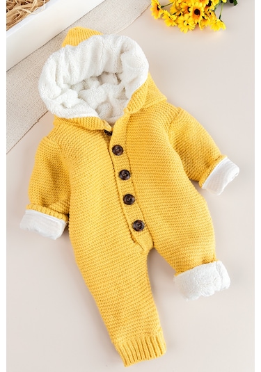 Triko Örme Welsoft Astarlı Kapüşonlu Kışlık Bebek Tulum Sarı
