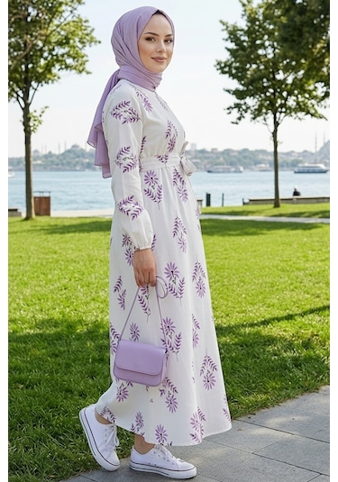 Bestenur Mayra Desenli Keten Elbise 1717 - Lila
