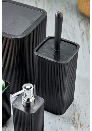 Line 5 Parça Kare Banyo Seti - Çöp Kovası Wc Fırçası Sıvı-katı Sabunluk Diş Fırçası Siyah