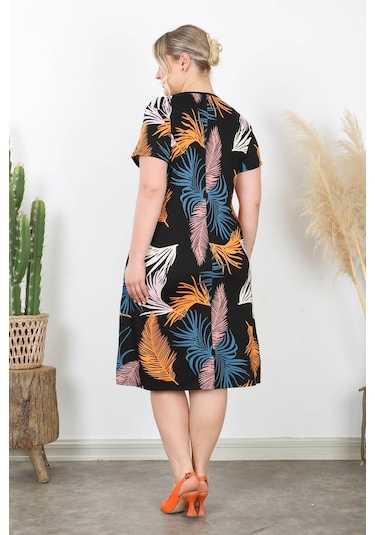 Kadın Turuncu Mavi Tüy Desen Midi Elbise Turuncu