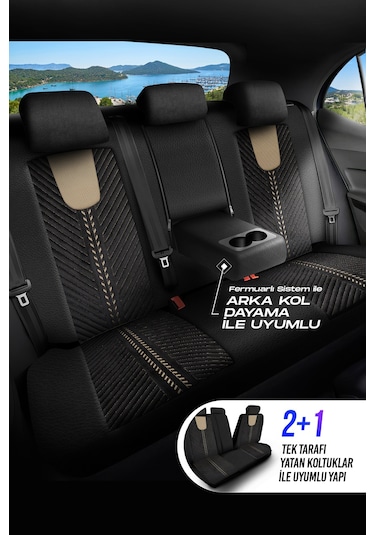 Siyah - Bej Garni Panda Monte Carlo Serisi Velor Kadife Kumaş Oto Koltuk Kılıfı - Tam Set