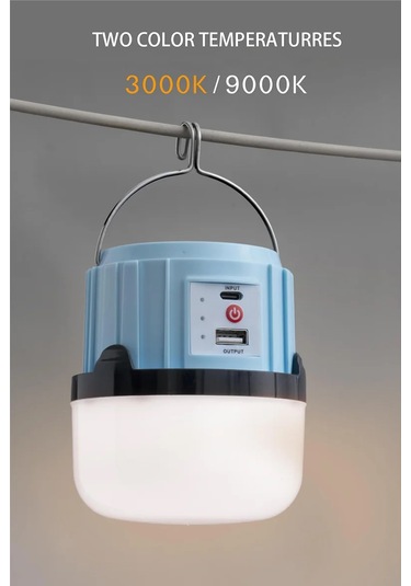 Solar Işıldak Şarjlı Kamp Feneri Usb + Çift Renk Yanma Askılı Solar Kamp Lambası 30w Beyaz - Mavi