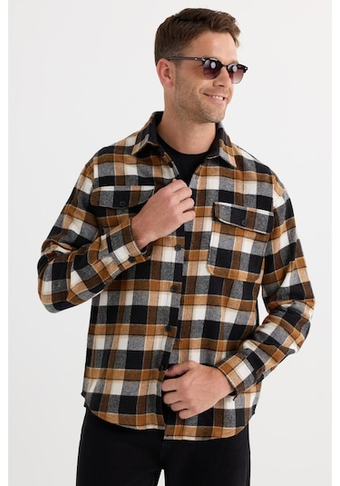 Relax Fit Rahat Kesim Çift Cep Kapaklı Kışlık Oduncu Kareli Erkek Gömlek-37808 Çok Renkli