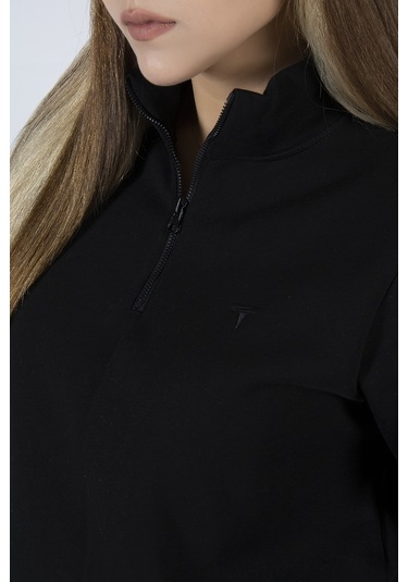 Kadın Siyah Yarım Fermuarlı Basic Düz Renk Trend Sweatshirt Siyah