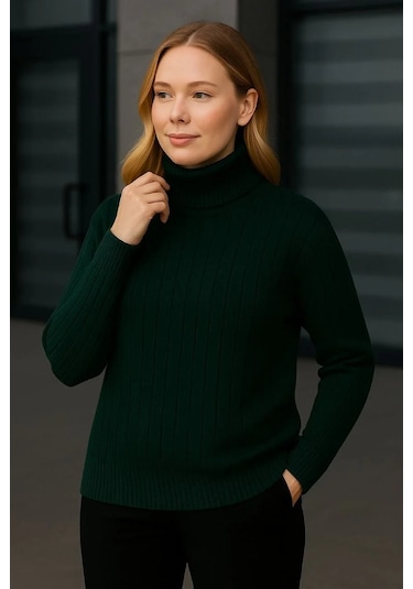 Kadın Balıkcı Yaka Bağazlı Triko Kazak Pamuklu Kalın Fitilli Dokuma - Haki Haki