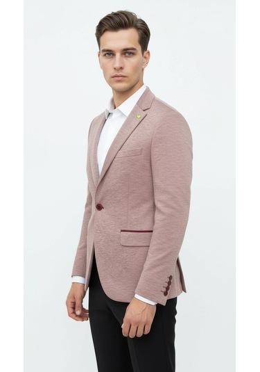 Plus Scorpion Açık Pembe Erkek İtalyan Kesim Blazer Ceket Kol Yamali, Slim Fit, Şık Ve Modern Tasarım Pembe