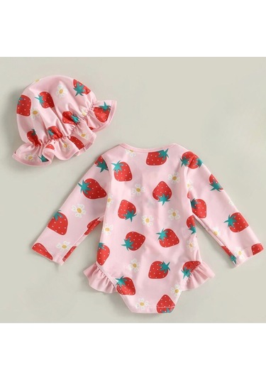 Pembe Çilek Desenli Kolay Giydirilebilir Şirin Şapkalı Mayo Seti Pembe