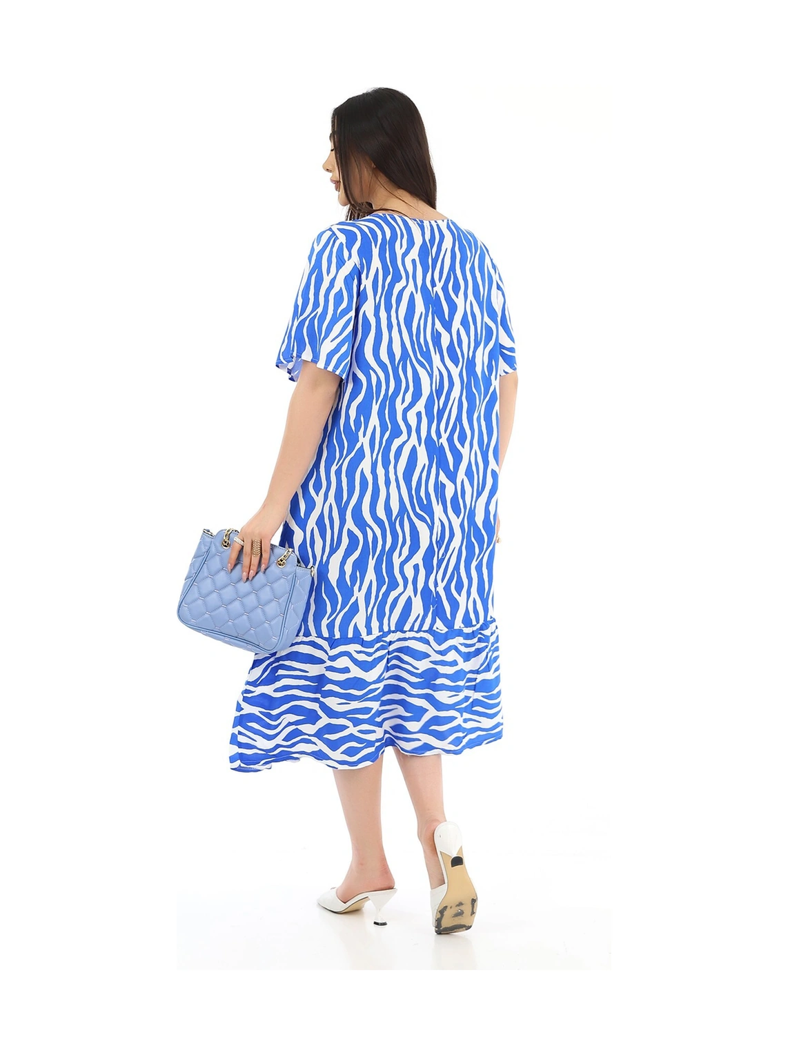 Schık Kadın Viskon Yarım Kol O Yaka Cepli Fırfırlı Elbise Saks Saks