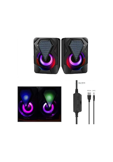 Moonshop Bilgisayar Hoparlörü Led Işıklı Rgb Laptop Pc Uyumlu 1+1