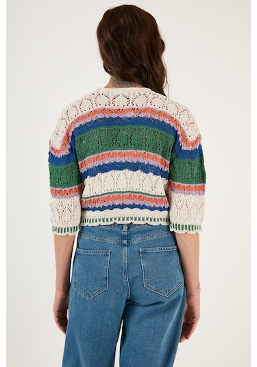 Lela Renkli V Yaka Ajurlu Crop Bayan Hırka 6071583 Ekru-Yeşil