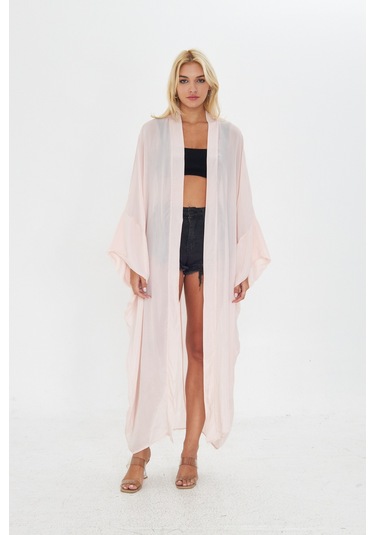 Kutaf Pudra Pembe Uzun Soft Kimono Açık Kahverengi