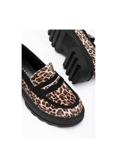 746-759 Leopar Günlük Yüksek Tabanlı Loafer Ayakkabı Taba