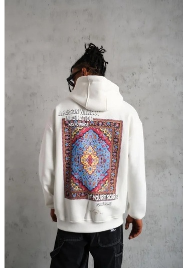 Vexor Erkek Kilim Desen Kapüşonlu Sweat- Beyaz