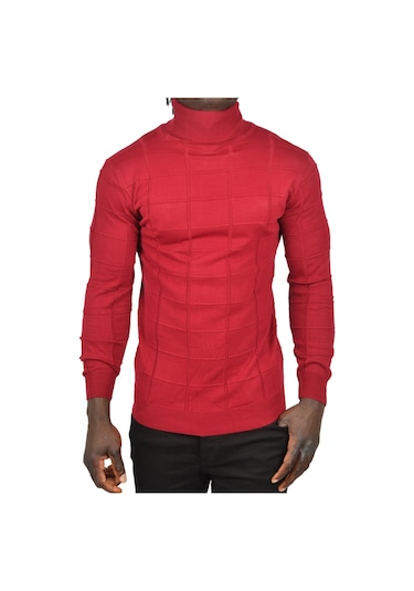 Deepsea Erkek Bordo Kare Desenli Balıkçı Yaka Slim Fit Boğazlı Triko Kazak 2505493 Bordo