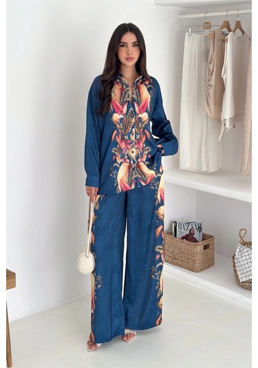 Saten Kumaş Desenli Takım Lacivert Lacivert