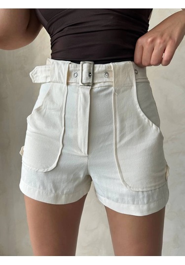 Kazax Kemer Detaylı Gabardin Şort Krem S25289 Krem