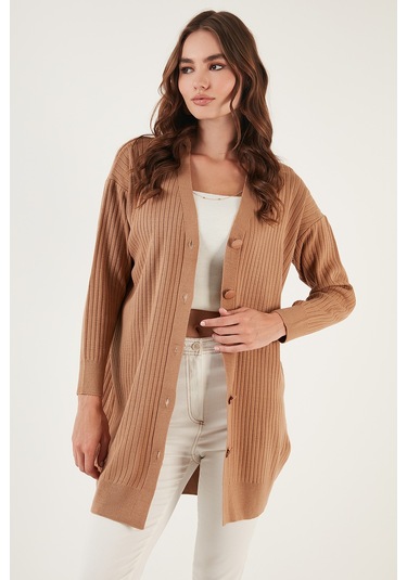 Lela V Yaka Düğmeli Uzun Triko Bayan Hırka 4616040Y Camel