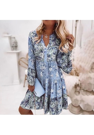 Novahub Kadın V Yaka Volan Baskılı Şifon Günlük Elbise Mavi - S Mavi