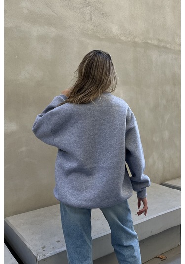 Şeker Pembe Basic Bisiklet Yaka Oversize Sweatshirt Gri